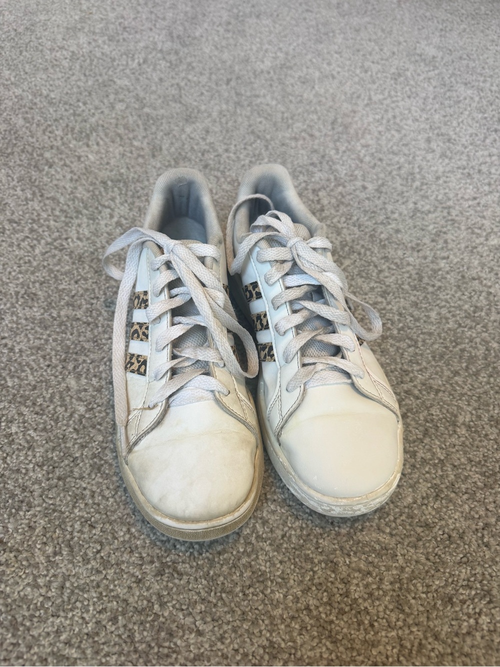 adidas Kids White Sneakers with Leopard Stripe Accents